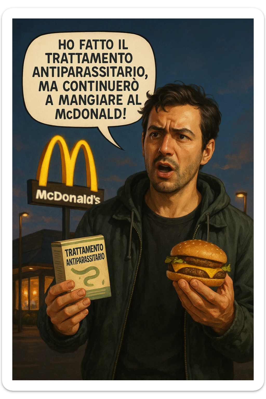 A realistic, cinematic illustration of a man in his early 30s with a confused yet stubborn expression, standing outside a McDonald's at dusk, holding a small box labeled 'Trattamento Antiparassitario' in one hand while holding a large McDonald's burger in the other. He is mid-sentence, saying 'Ho fatto il trattamento antiparassitario, ma continuerò a mangiare al McDonald!' in an expressive speech bubble. The man wears casual streetwear, and behind him, the McDonald's golden arches glow under a neon-lit sky. The mood is ironic and educational, highlighting the contradiction of doing parasite cleanses while continuing unhealthy fast-food habits. The style is realistic with slight illustrative clarity, emphasizing the message humorously while maintaining a serious undertone about lifestyle choices and health in italiano sticker