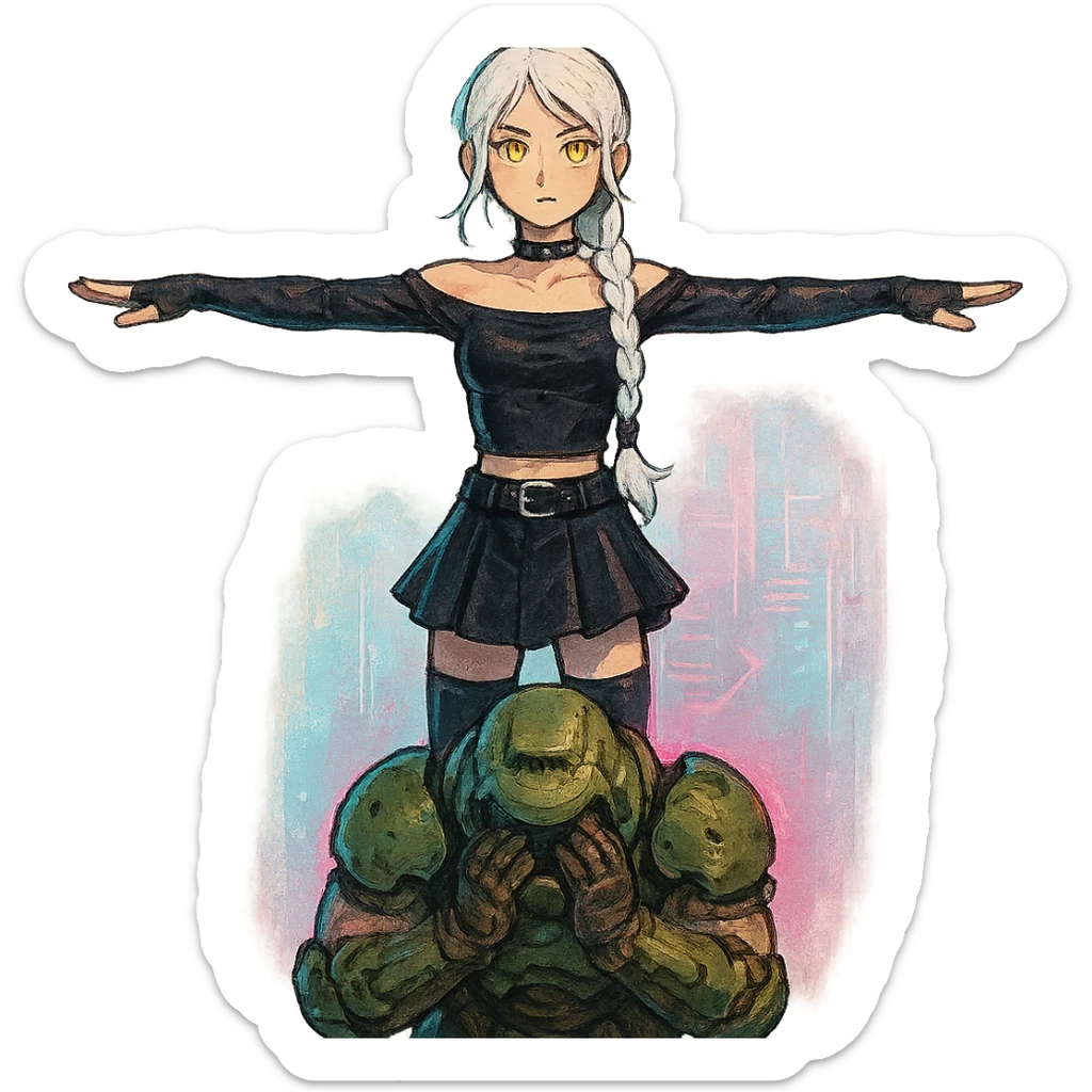  young woman with gold yellow eyes, white hair, long braid, black off-shoulder top, punk gothic style, futuristic cyberwave cyberpunk,, she is calmly t-posing above a cowering doomguy sticker