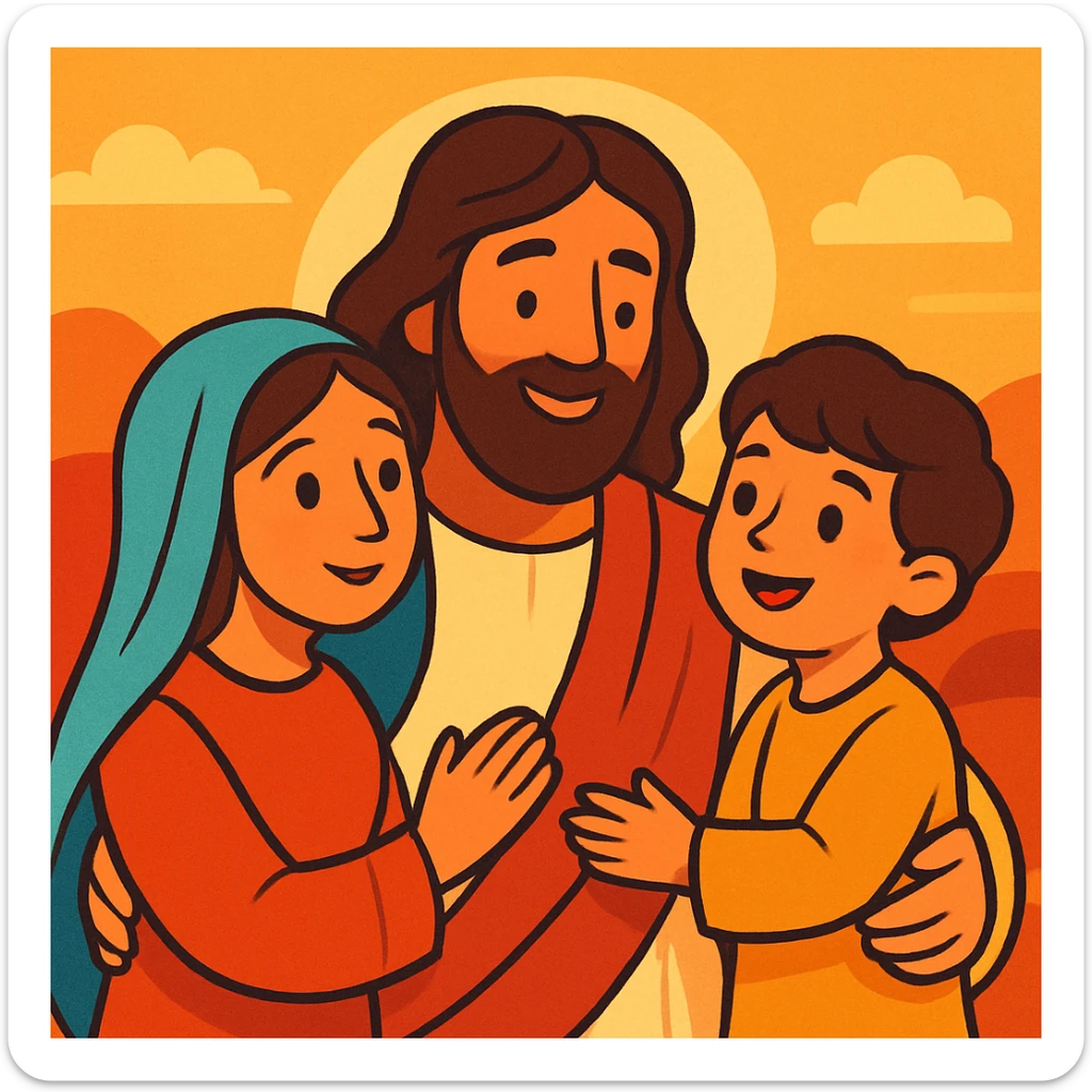 Jesus and his family, gentle cartoon style, warm colors, soft features sticker