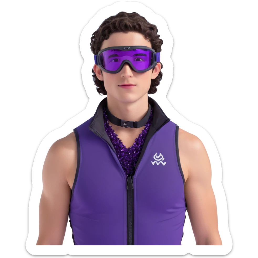 close-up of male athlete with white skin and moderately curly dark brown hair on top with shaved sides, wearing ski goggles with purple frames and very dark black lenses, a simple plain black chain necklace, and a completely unzipped sleeveless vest with purple and black sequin fire pattern design with no logo, with an arrogant smug smirk on his face, looking confident and cocky sticker