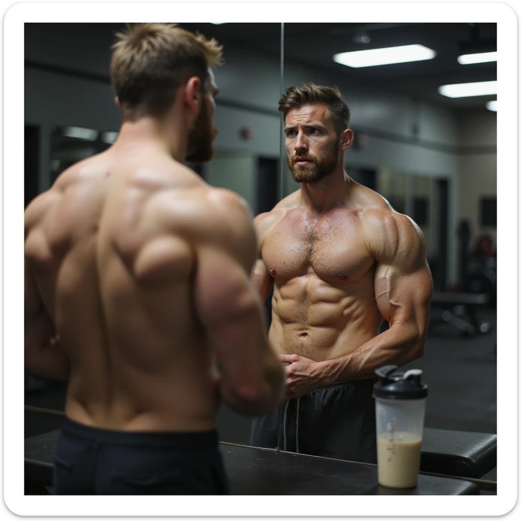 realistic male bodybuilder in definition phase, shirtless in front of mirror, looking at reflection with concern, less full muscles, visible but less pronounced veins, gym with soft lighting, protein shaker on bench, doubtful expression sticker