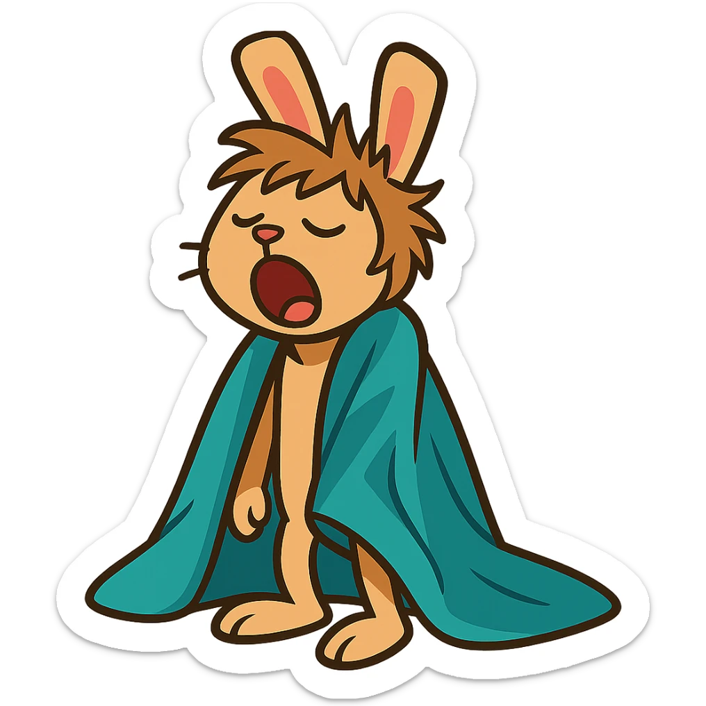 full-body pale brown bunny yawning with messy hair, blanket over shoulders, vibrant-toon style sticker