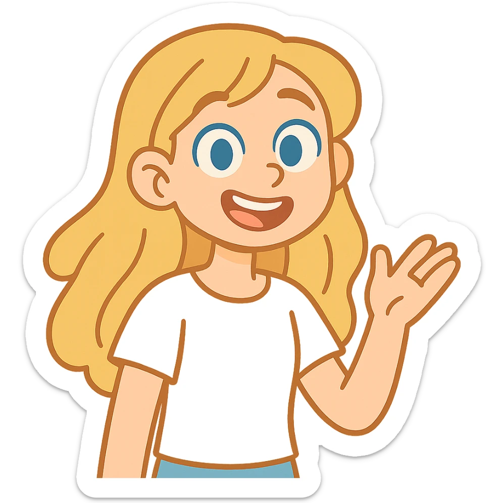 girl with long dirty blond hair, blue eyes, wearing a white top in pastel toon style sticker