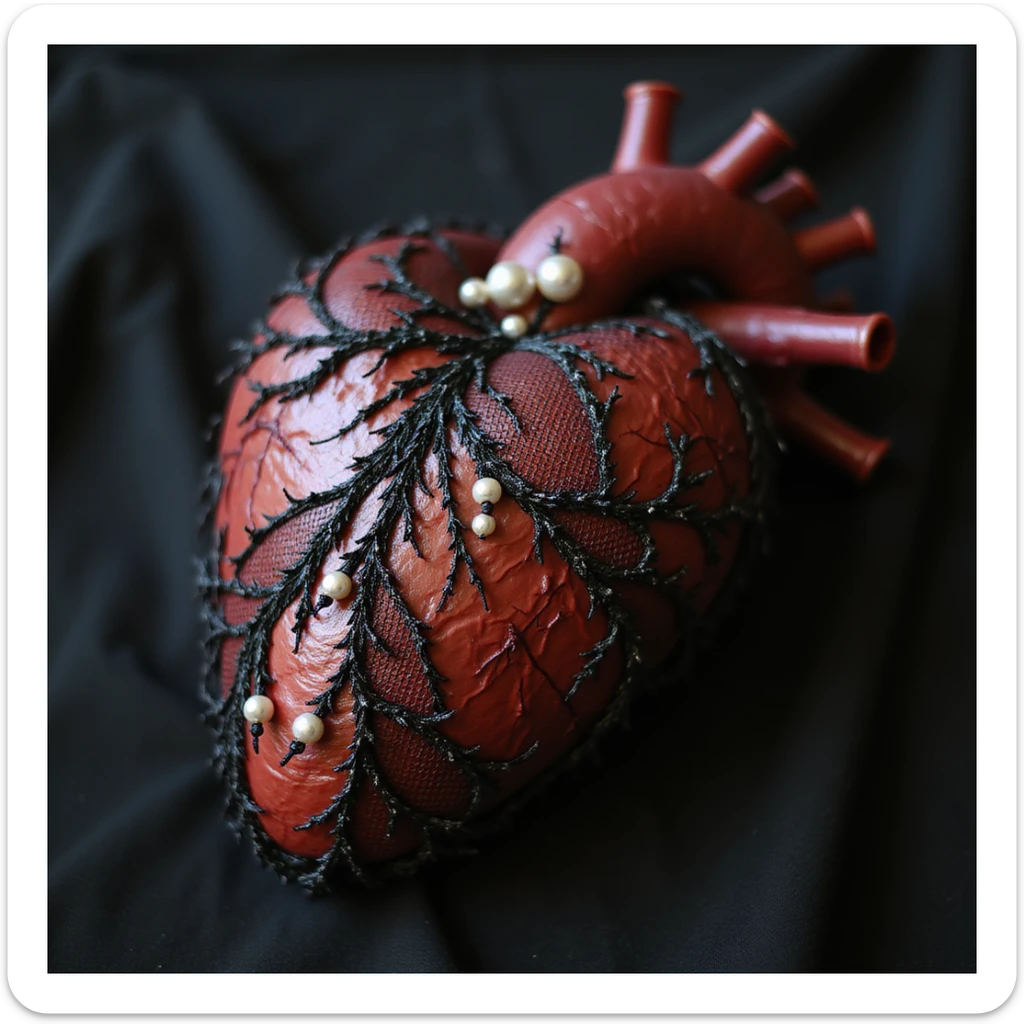 realistic gothic heart, with lace and pearls, photorealistic style, no background sticker