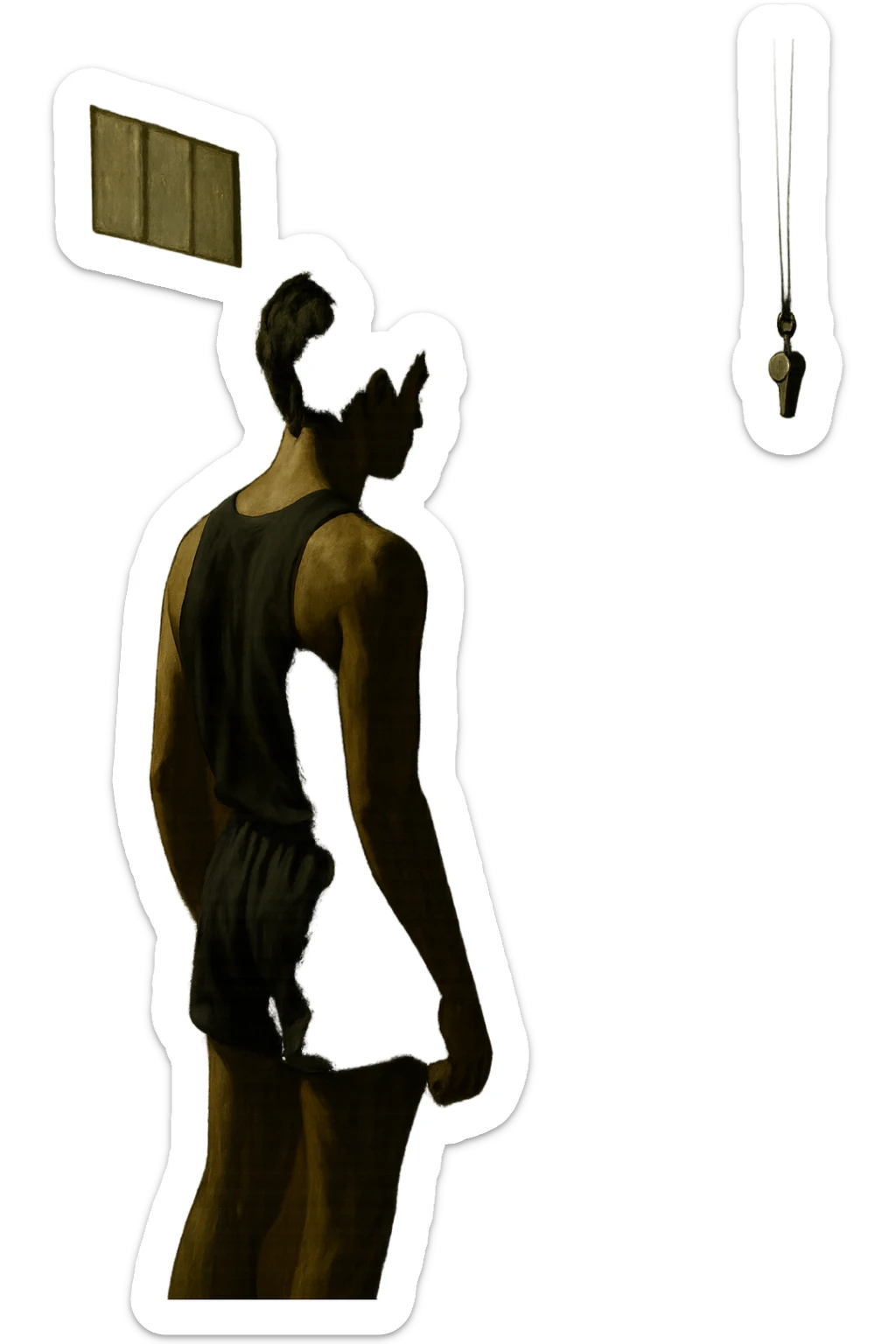 cinematic a person stands alone on a running track or in a fitness studio, glancing toward an empty coach’s chair or whistle hanging on a hook. The absence of the coach is emphasized by a faint, transparent silhouette or shadow where the coach should be. The atmosphere is quiet and a bit disheartened. in italiano sticker