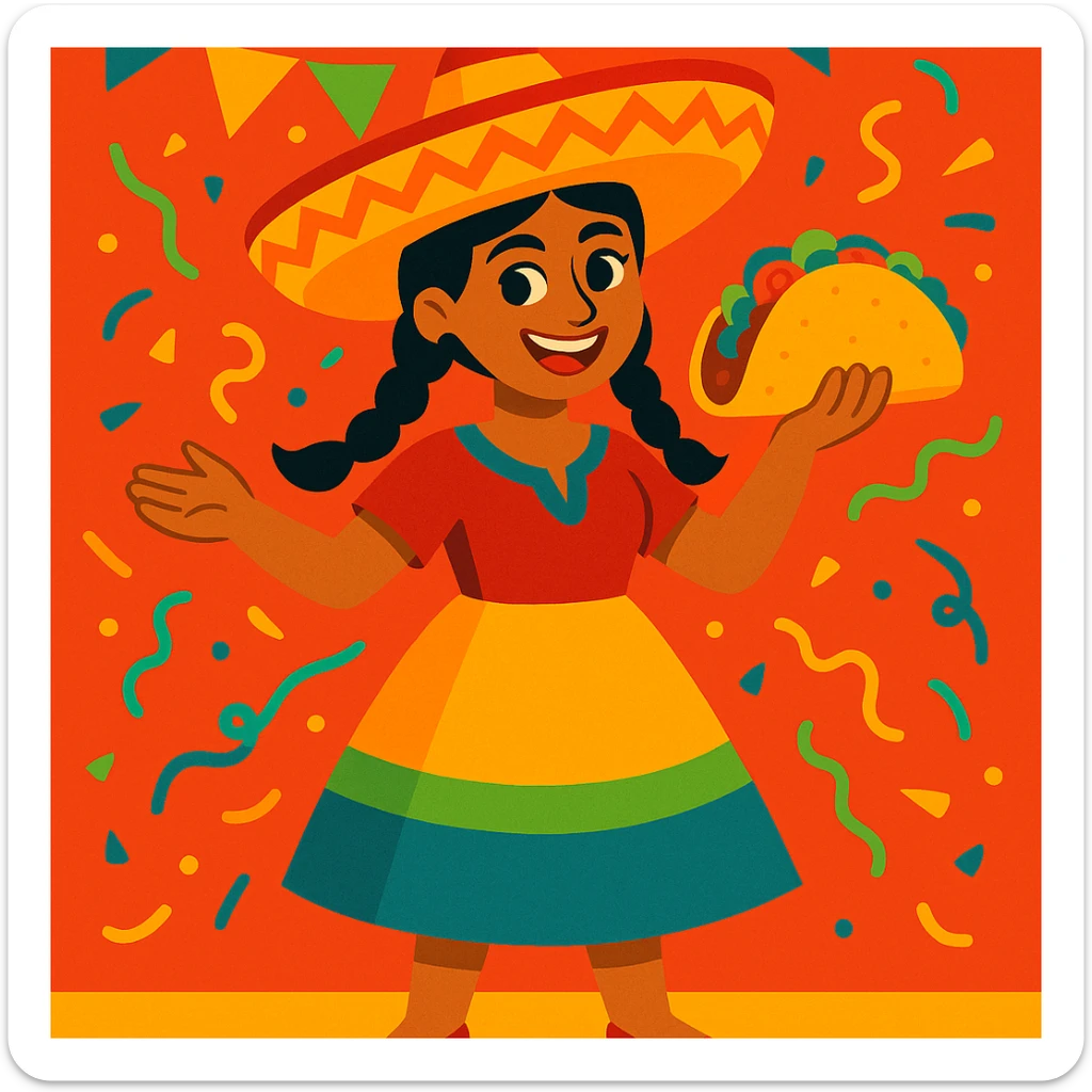 Mexican woman wearing a sombrero and holding a taco, vibrant and cheerful, full body, festive atmosphere sticker