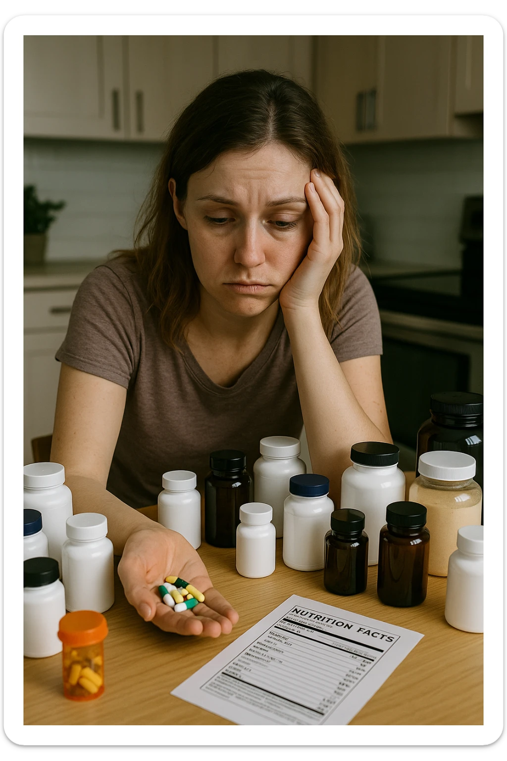 a woman in her 30s sits at her kitchen table, surrounded by dozens of supplement bottles, powders, and pills. She looks anxious and fatigued, with her head resting in one hand while the other holds a handful of colorful capsules. On the table, a nutrition chart is ignored, and her skin appears slightly dull or stressed. The mood is cautionary and educational. in italiano sticker