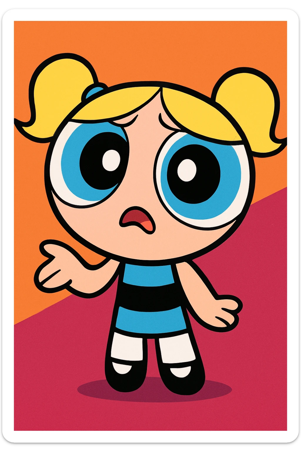 Powerpuff Girls character with a confused emotion, cartoon style, vibrant colors sticker
