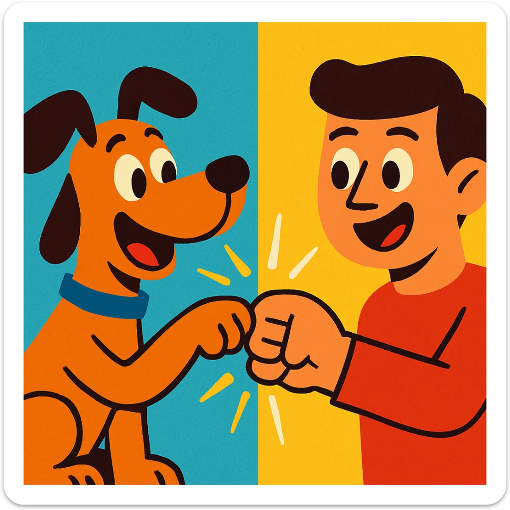 a cartoon dog and a cartoon human fist bumping, playful, vibrant colors sticker