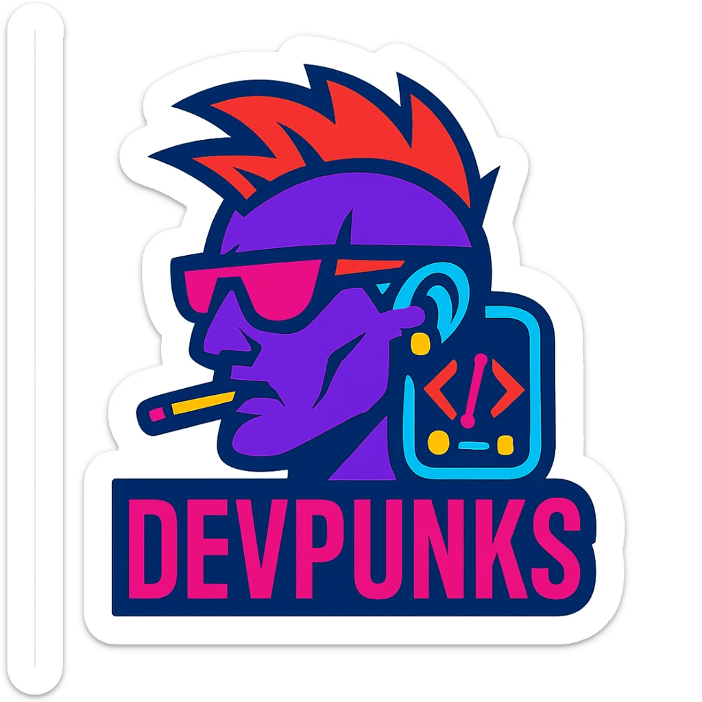 devpunks logo, edgy, cyberpunk style, neon colors, bold, modern design sticker