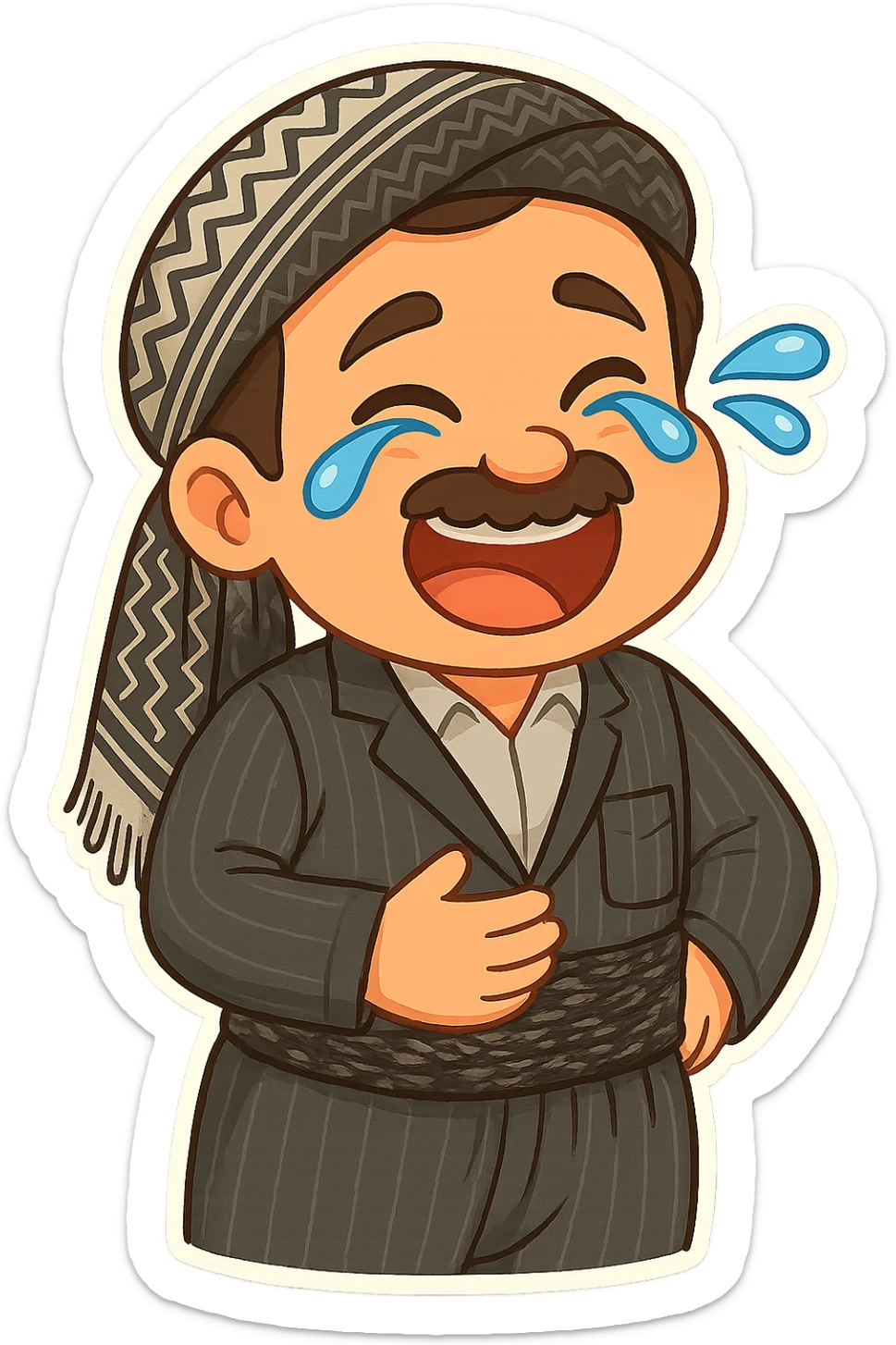 Cartoon sticker of a Kurdish man with the same clothes and scarf as the reference image, no changes to clothes or scarf, face with intense laughter and tears of joy, hand on stomach and slightly bent from laughing, colorful and cheerful, no text, suitable for WhatsApp and Instagram, transparent background. sticker