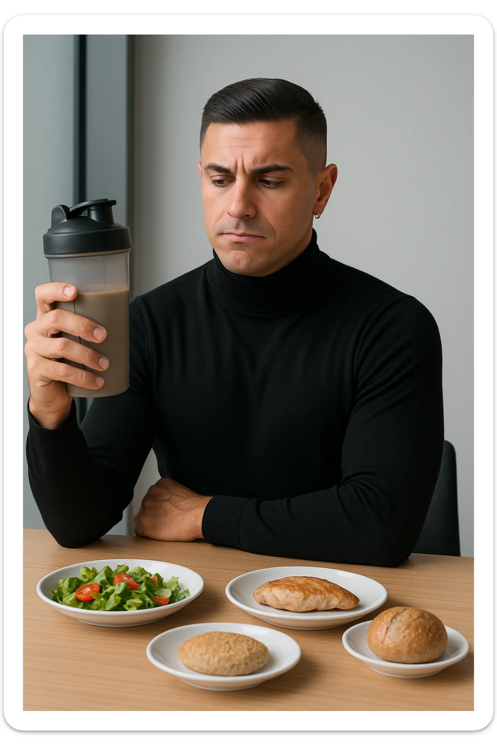 un uomo in abiti da ufficio tiene in mano uno shaker o una bottiglia di sostituto pasto, guardandolo con un’espressione neutra o leggermente indecisa. Sul tavolo davanti a lui ci sono piatti di cibo solido non toccati, come insalata, pollo e pane, a sottolineare la sua scelta di evitare il pasto tradizionale. L’atmosfera è moderna e riflessiva. sticker