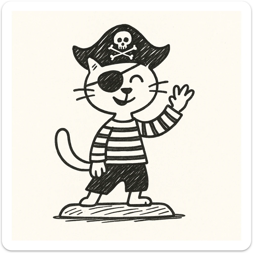 Add an eyepatch to the pirate cat waving, in the style of doodle (notion style hand drawn doodles). Keep the doodle style. sticker