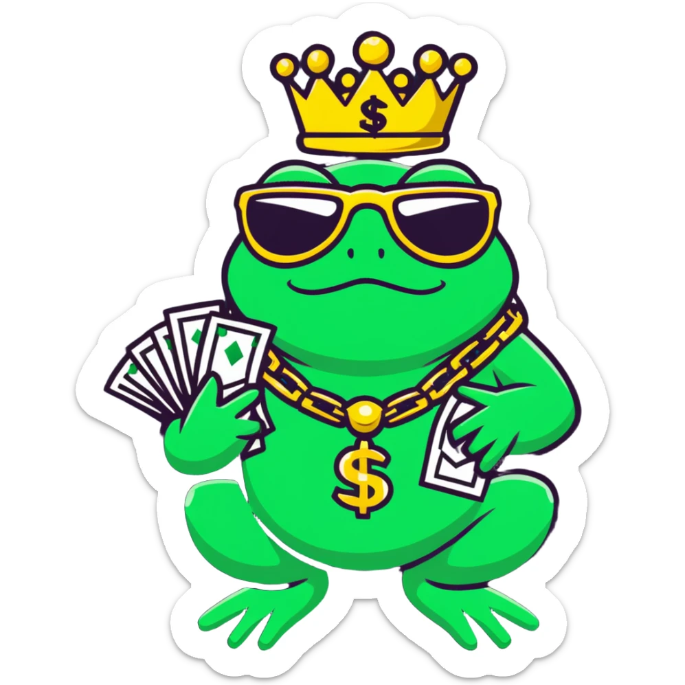 gangster frog king with gold crown, cool sunglasses, gold chain, money bag sticker