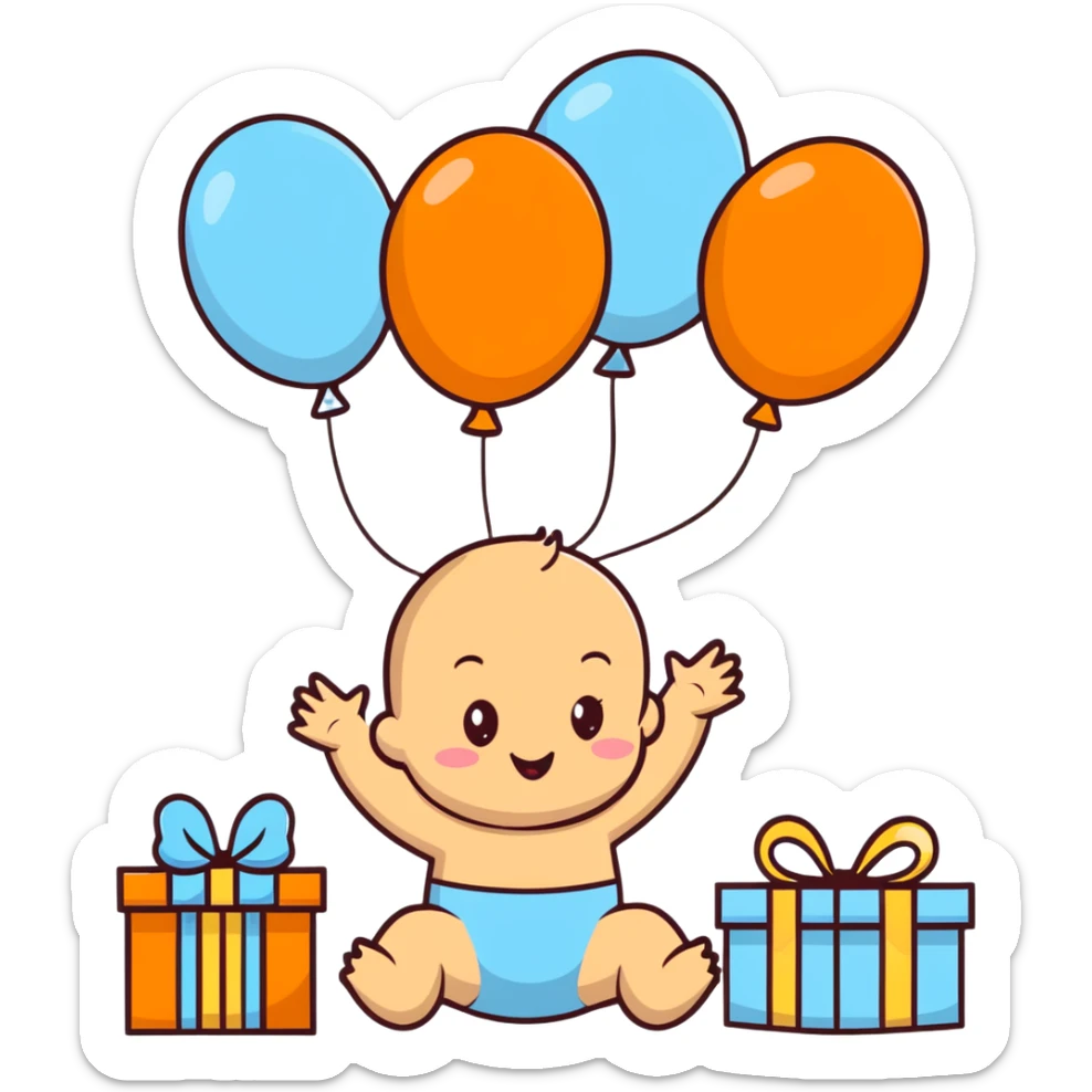 happy baby surrounded by pastel blue balloons and presents at birthday party sticker