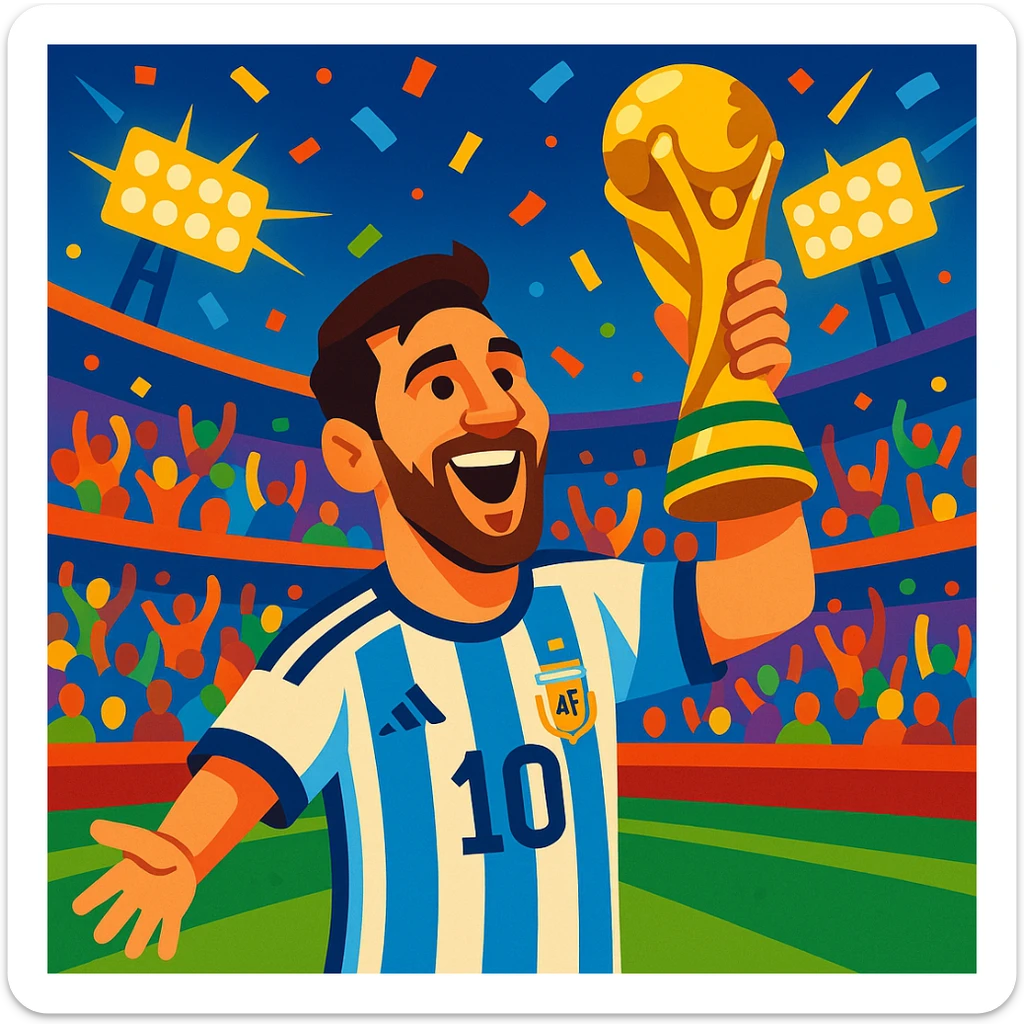 Lionel Messi holding the World Cup trophy, celebrating, in a football stadium, vibrant colors sticker