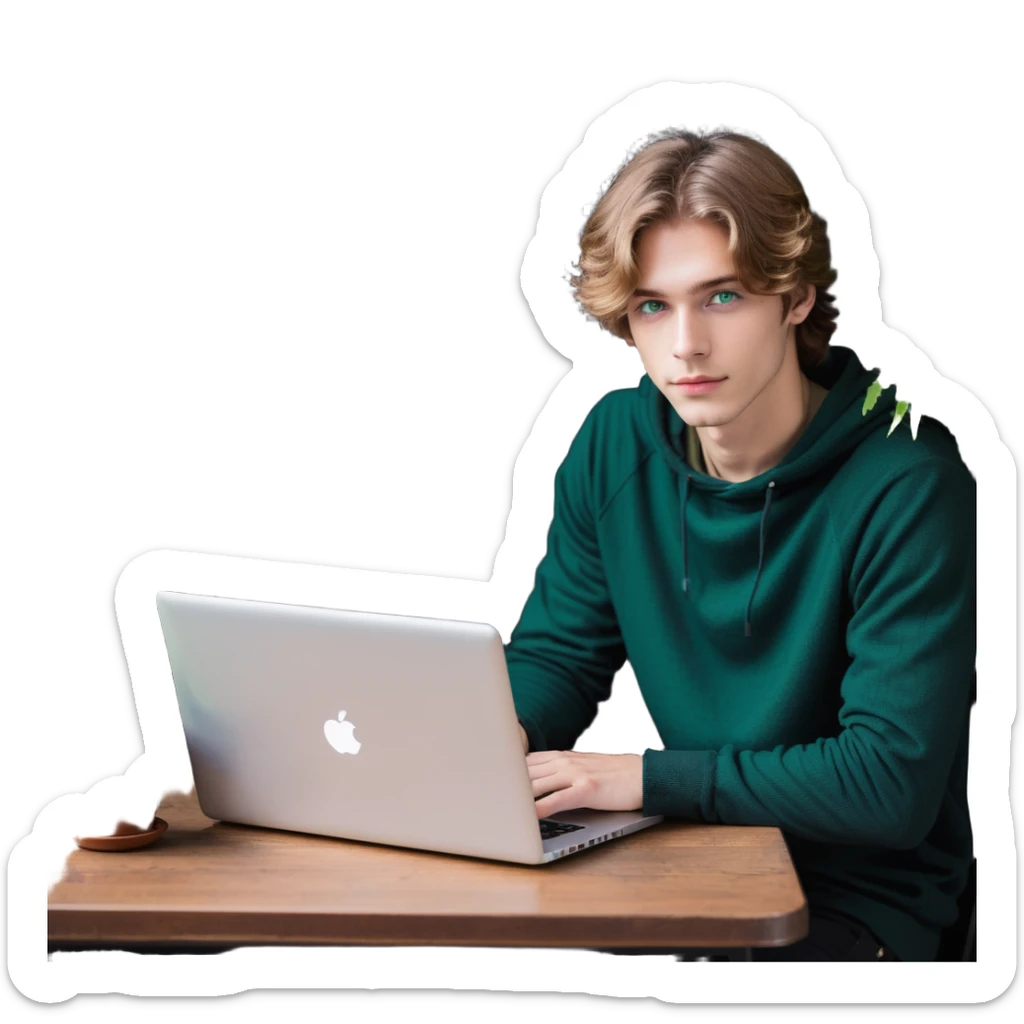man with light brown hair and green eyes, laptop on table, small plant beside, cozy vibe sticker