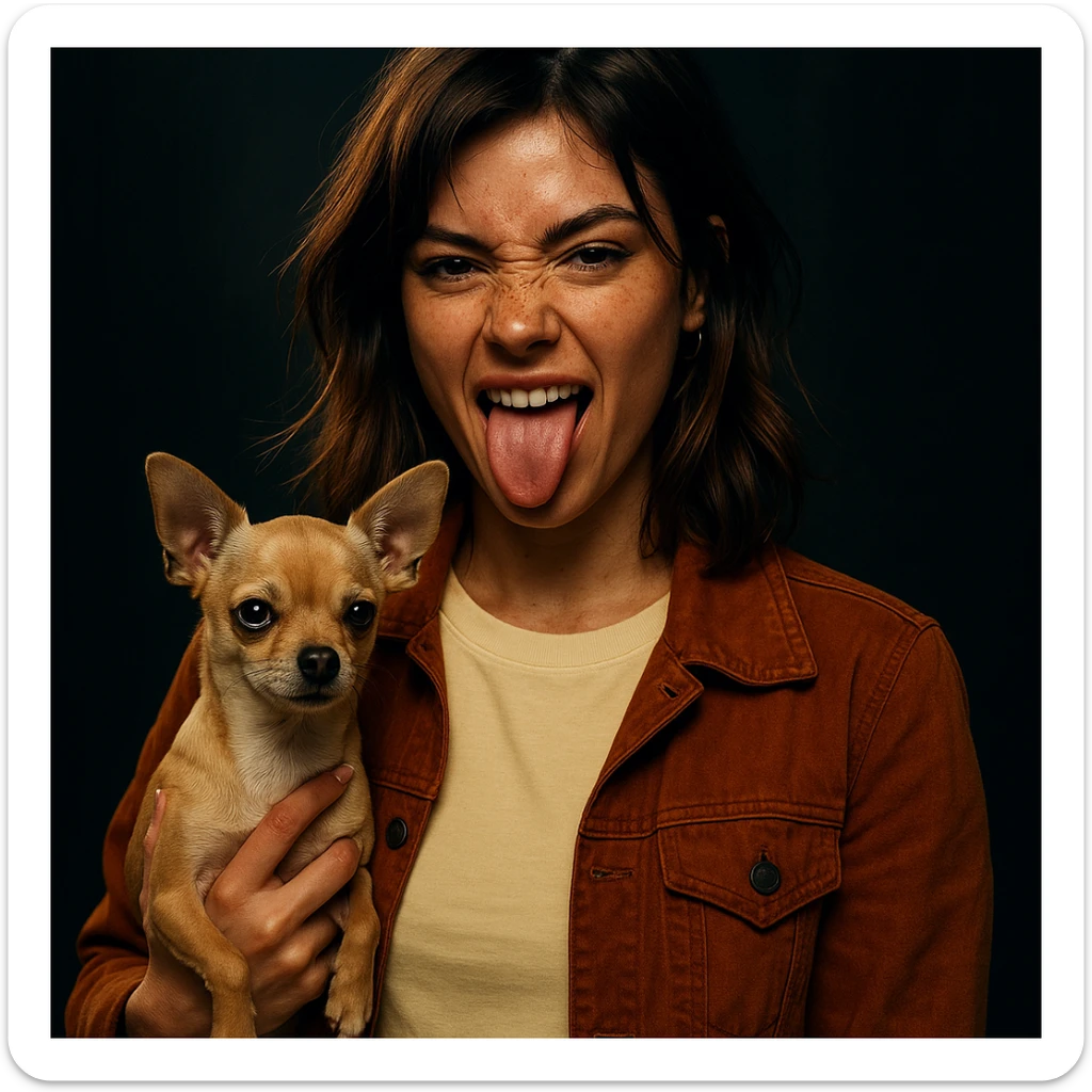 rebellious and playful woman, tanned skin, freckles, shirt color #FFF8CA, rust jacket, medium-length brown auburn hair, holding beige-brown chihuahua, Netflix series style, dark background, modern visual effect sticker