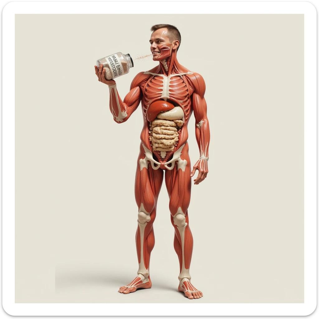 4K hyperrealistic medical illustration of a human body with accurate anatomy, holding a jar labeled 'CELTIC SALT', tossing salt into his mouth at breakfast, neutral background, very clear and detailed sticker