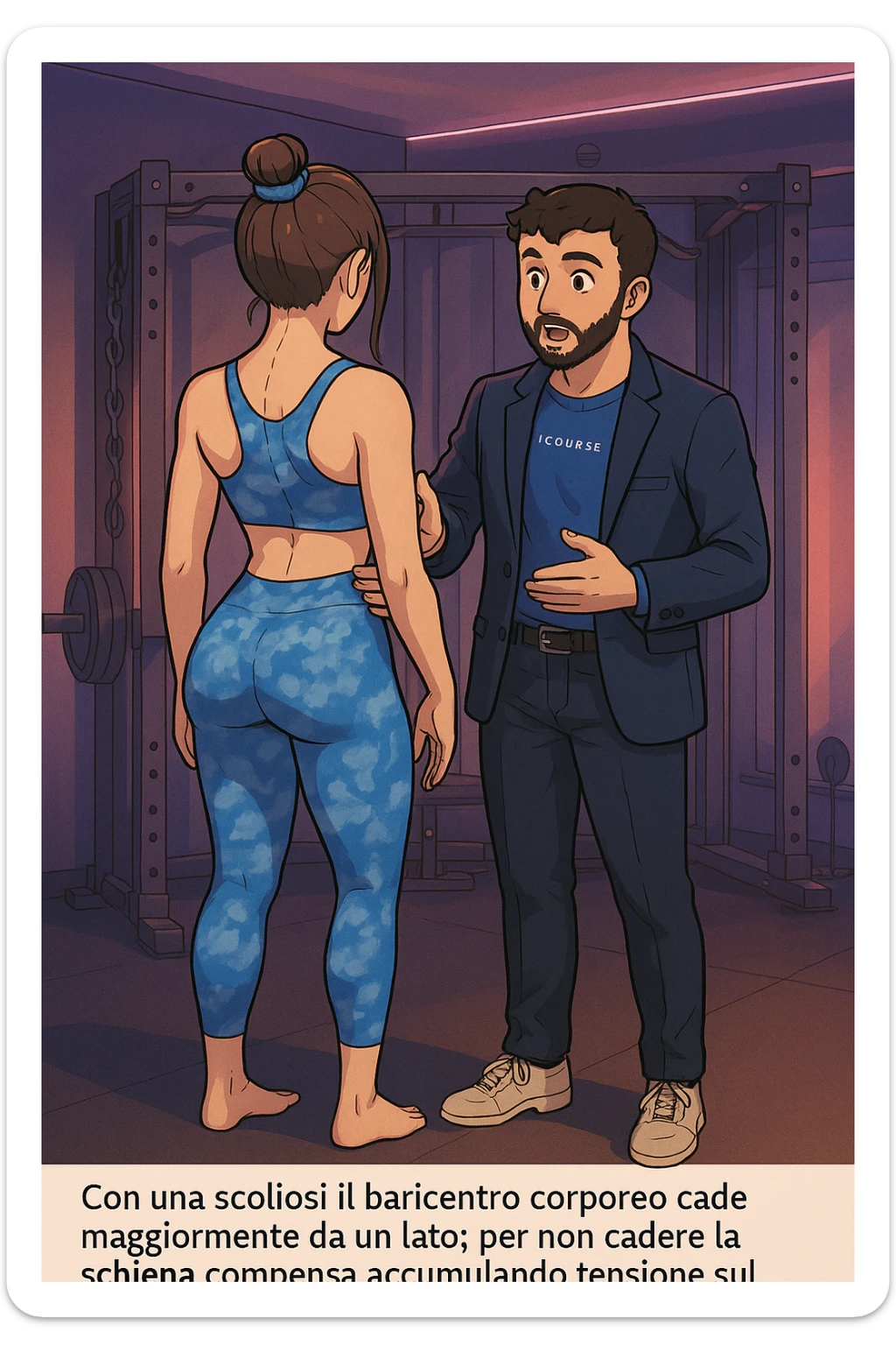 fai questa immagine in versione manga/webtoon a colori, il manga mostra la donna di spalle, mentre l'uomo le tocca la spina dorsale per spiegarle come funziona la scoliosi:
Con una scoliosi il baricentro corporeo cade maggiormente da un lato; per non cadere la schiena compensa accumulando tensione sul fianco opposto.
Il risultato? Si inclina e ruota sempre più, fino a che non cede (discopatie, artrosi, ecc) sticker