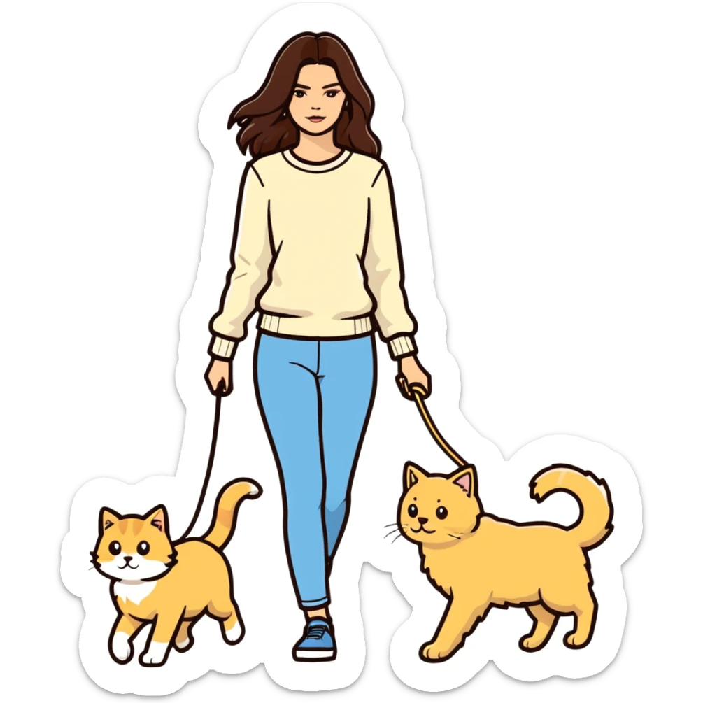 Kendall Jenner with long brown hair walking a golden retriever dog and three cats, two cream colored cats and one white and blue cat sticker
