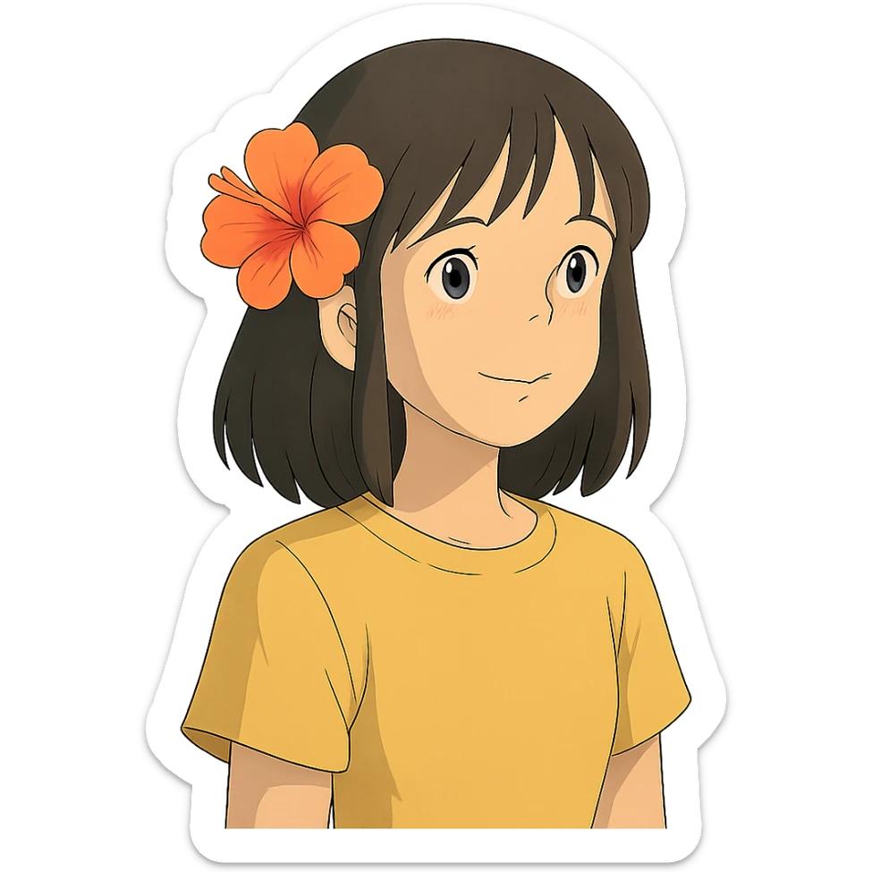 ghibli style girl with straight hair, flower in hair, summer theme sticker