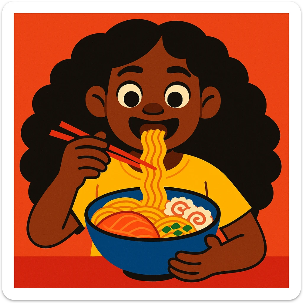 dark skin African American girl with long curly black hair, wearing a yellow shirt, eating a bowl of ramen, vibrant illustration sticker