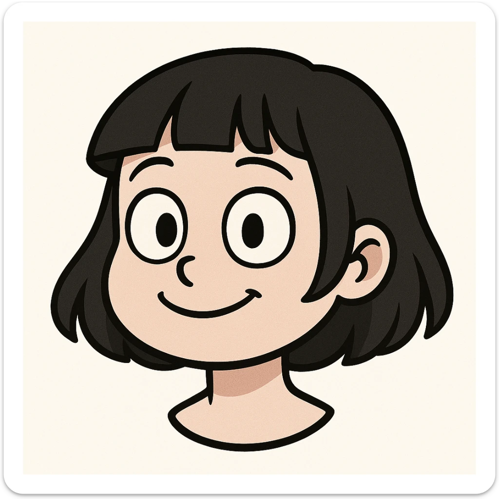 young girl with pale skin, black bob haircut, cartoon features, big simple eyes, simple smile, minimal details, Telegram sticker style, head only without neck, white background sticker