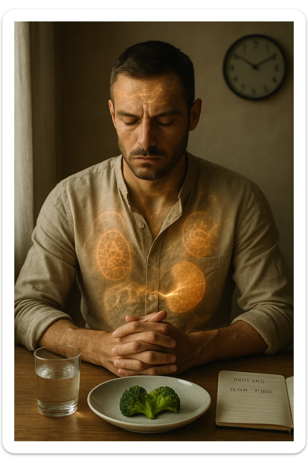 A cinematic close-up of a focused man in his mid-30s with slight beard and tired but determined eyes, sitting alone at a simple wooden table with an untouched plate of food in front of him. His hands are clasped, fingers interlocked in a meditative position over his lower abdomen, symbolizing willpower and internal balance. He wears a lightweight natural fiber shirt, sleeves rolled up. The lighting is soft and natural, early morning light coming from a nearby window. Around him, visual cues of cellular regeneration — faint glowing patterns subtly overlaying his body, especially near the liver, gut, and brain, suggesting autophagy and deep healing. The room is minimalist: a glass of water, a notebook with fasting hours, and a clock in the background ticking calmly. The tone is serene, intentional, and deeply introspective. Shot in 35mm cinematic style, warm highlights and clean shadows. sticker