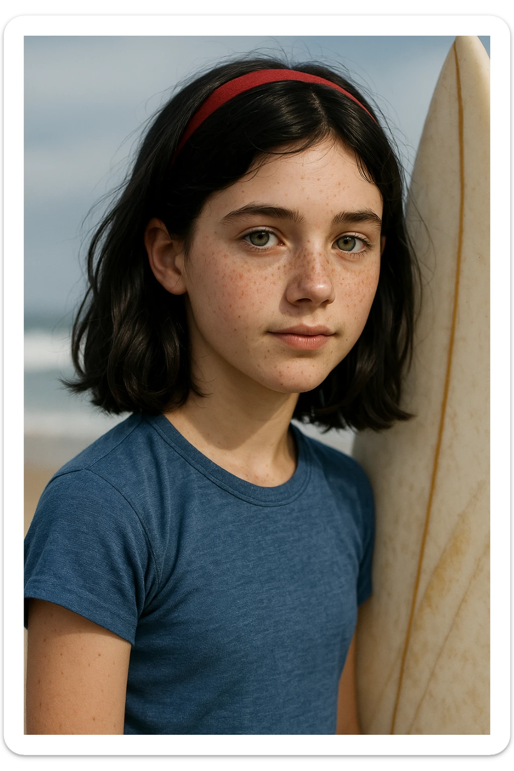 14-year-old girl resembling Snow White, hair slightly below shoulders, small green eyes, some freckles, surfer, medium height, realistic style sticker