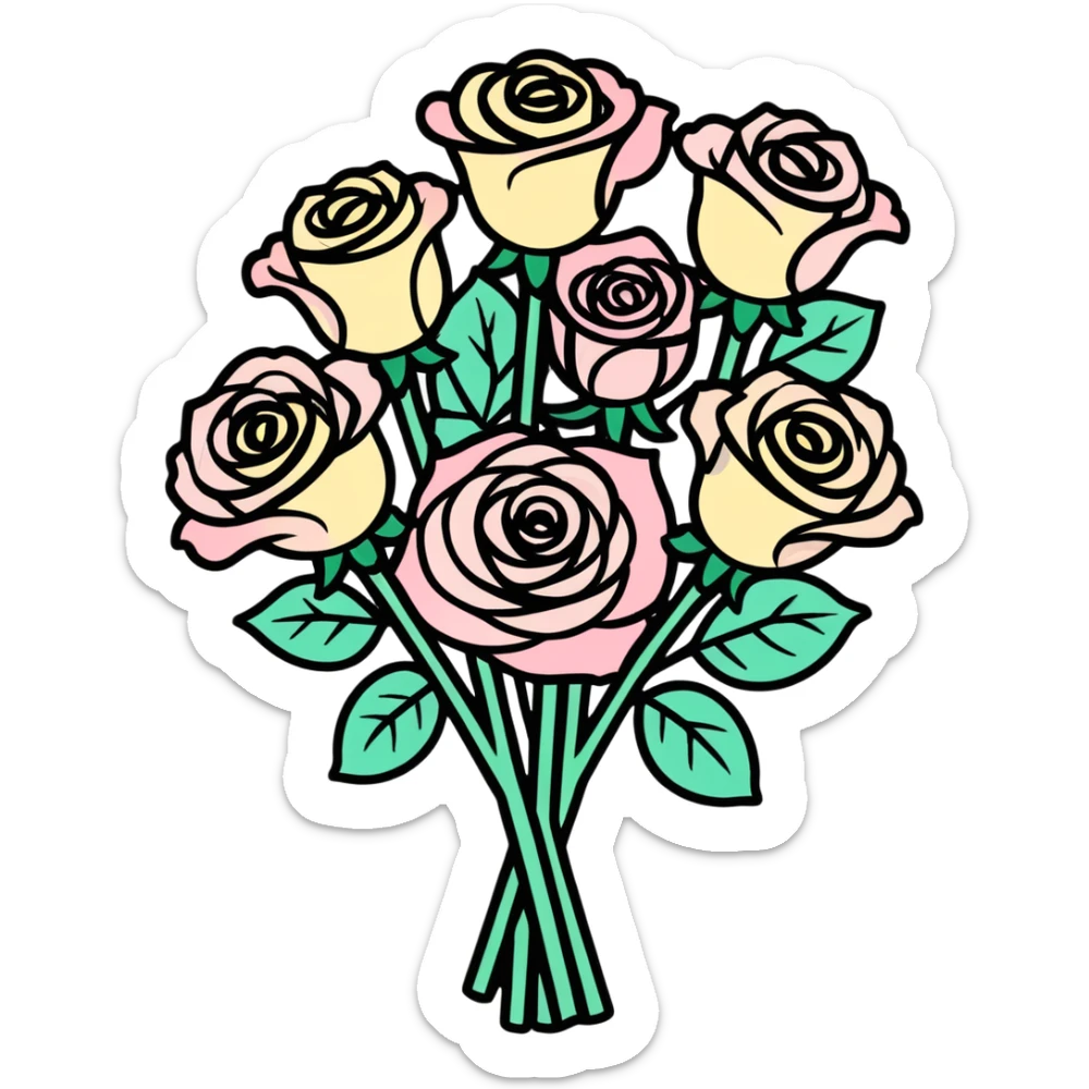 Whimsical, isolated, die-cut sticker of an opalescent pearlescent bouquet of roses, dpi 300, 8k sticker