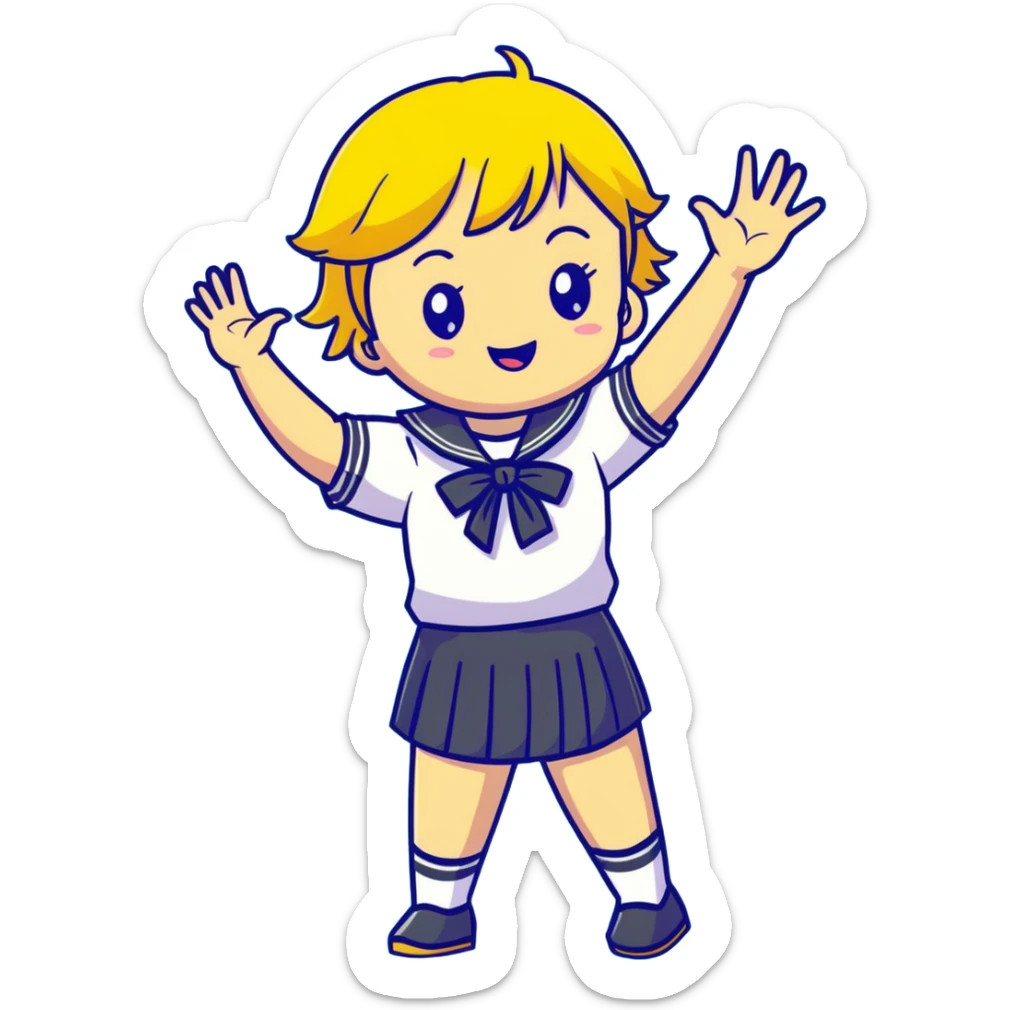 Anime girl with short bright yellow hair wearing Japanese sailor style school uniform, composed posture with hand on hip but energetically waving with other hand, excited smile and happy eyes sticker