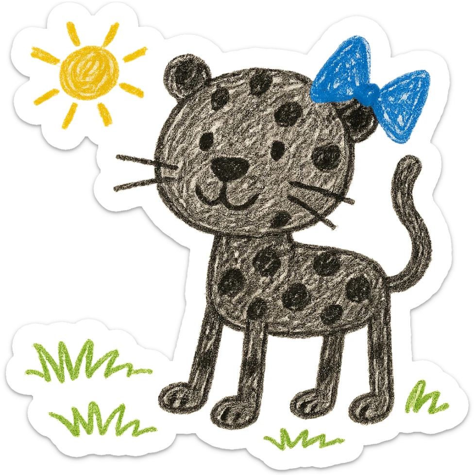 black panther with spots and a blue bow on its ear, illustration style sticker