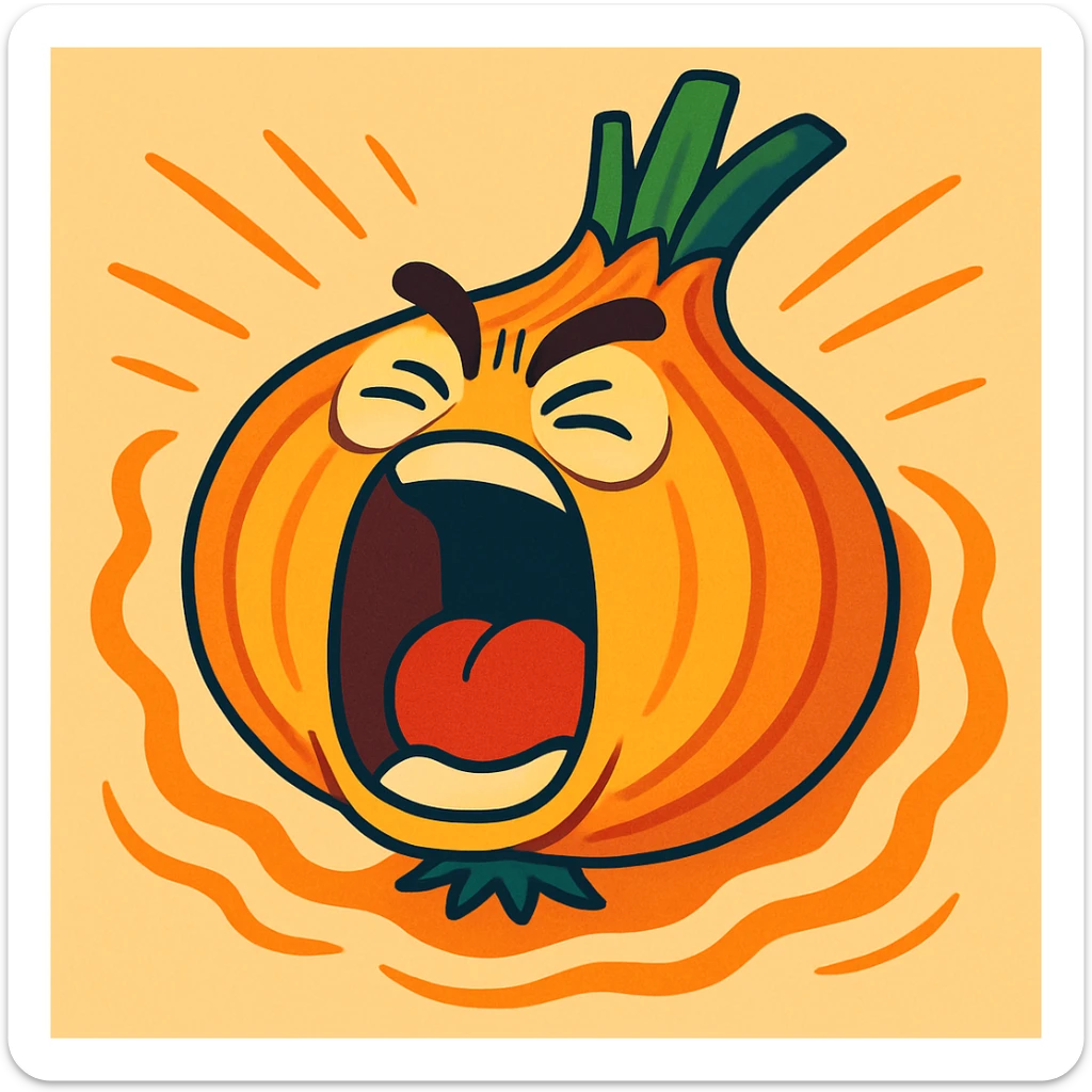 humorous image of an onion with a face, screaming at the top of its lungs, layers ripple outward as it yells, colorful and playful sticker