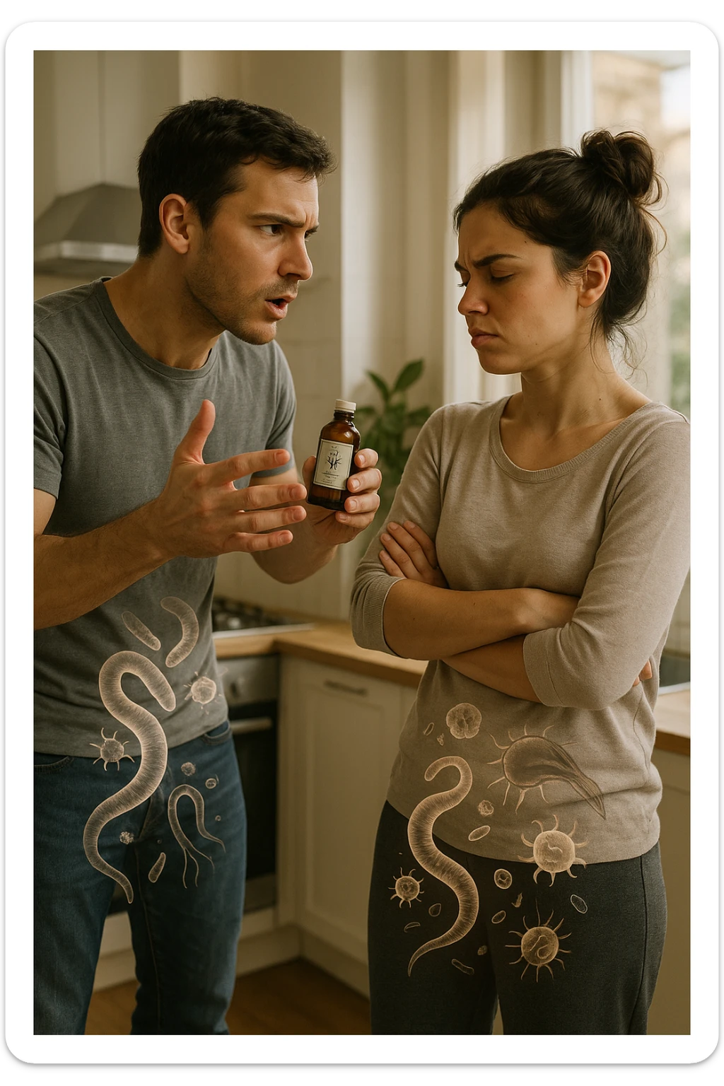 A highly realistic, cinematic photo of a young couple in their early 30s having an argument in a bright modern kitchen. The man, athletic build, wearing a casual T-shirt and jeans, is speaking firmly with a raised hand holding a small amber glass bottle labeled with a subtle herbal symbol, saying 'Andiamo a fare il trattamento antiparassitario' with a determined expression. The woman, with long dark hair tied in a messy bun, casual home outfit, crosses her arms with an angry, defensive expression, replying 'Ti ho detto di no! Io non ci credo!' while slightly turning away. Tension is visible in their body language, with the man leaning forward trying to explain and the woman leaning back, her eyebrows furrowed. Around them, subtle ghostly overlays of microscopic parasites are faintly visible near their abdominal areas, symbolizing the hidden reason for the argument. The kitchen is bright and modern with plants and natural light, contrasting the emotional tension. The style is hyperrealistic with warm tones and shallow depth of field focusing on their facial expressions, illustrating the conflict between belief in natural treatments and skepticism within the couple regarding hidden parasitic infections. in italiano sticker
