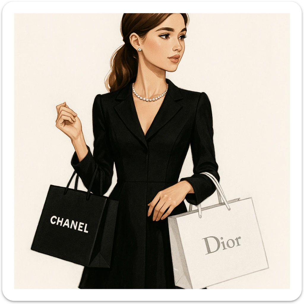 A respectable girl holding shopping bags from Chanel and Dior, elegant and stylish, modern fashion illustration. sticker