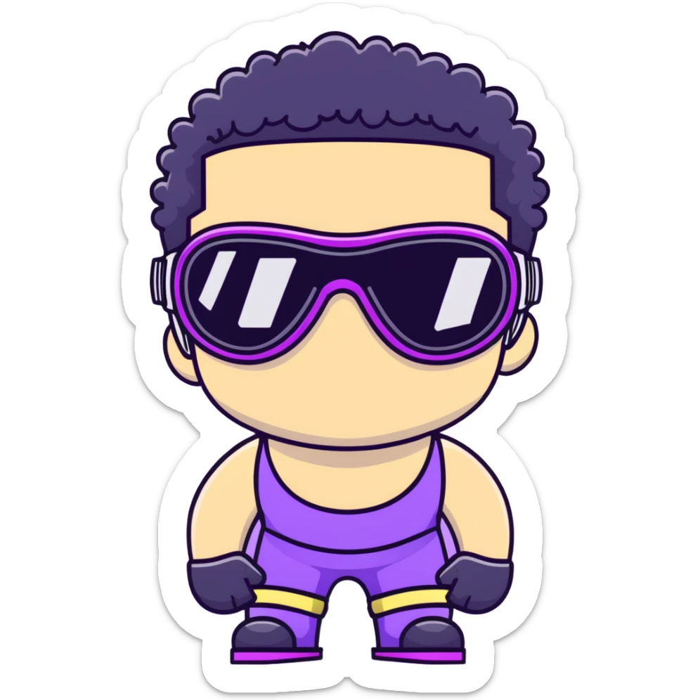 shirtless male athlete with white skin and moderately curly black hair on top with shaved sides, wearing ski goggles with purple frames/outline and very dark heavily tinted black lenses that completely hide the eyes, and a simple plain black chain necklace, no earrings sticker
