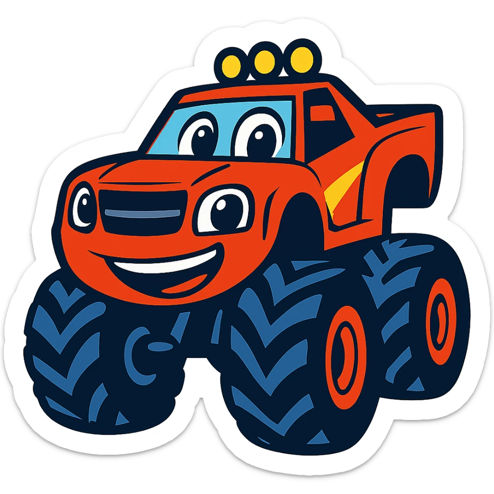 Blaze from Blaze and the Monster Machines as a vibrant cartoon emoji, bold colors, energetic expression sticker