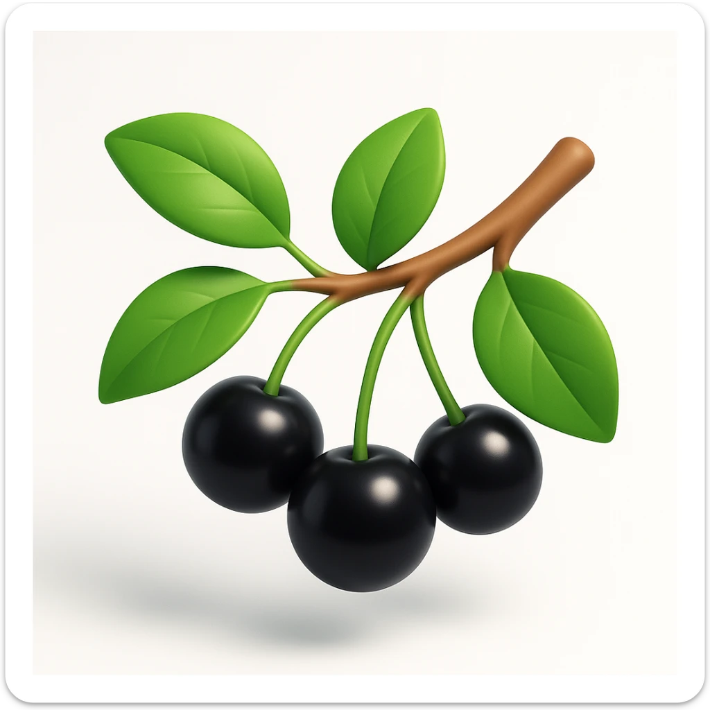 Redraw the cherry branch with black berries and green leaves in a modern 3D iOS style, adding volume, expressive light and shadow, and a clean background. Maintain a contemporary and polished look suitable for iOS design. sticker