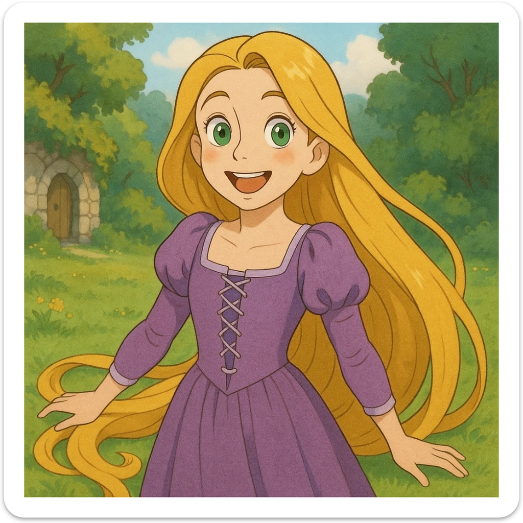 a girl with long golden hair inspired by Rapunzel, wearing a purple dress, cheerful expression, large green eyes, fair skin, whimsical fairytale style sticker