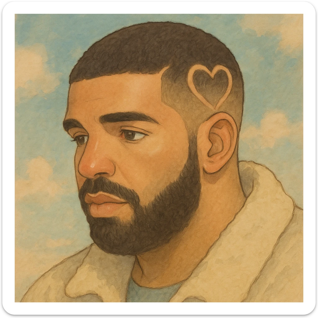 Drake's head with a heart shaved into his hair, ghibli style, soft colors, detailed sticker