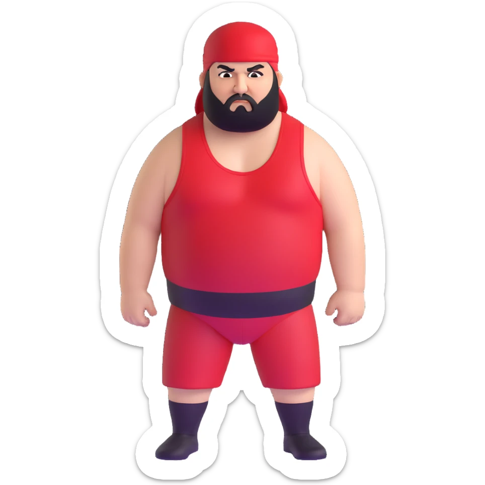 White skin fat guy with prominent black durag, shaved beard stubble, black eyes in a red and black wrestling singlet with angry face sticker