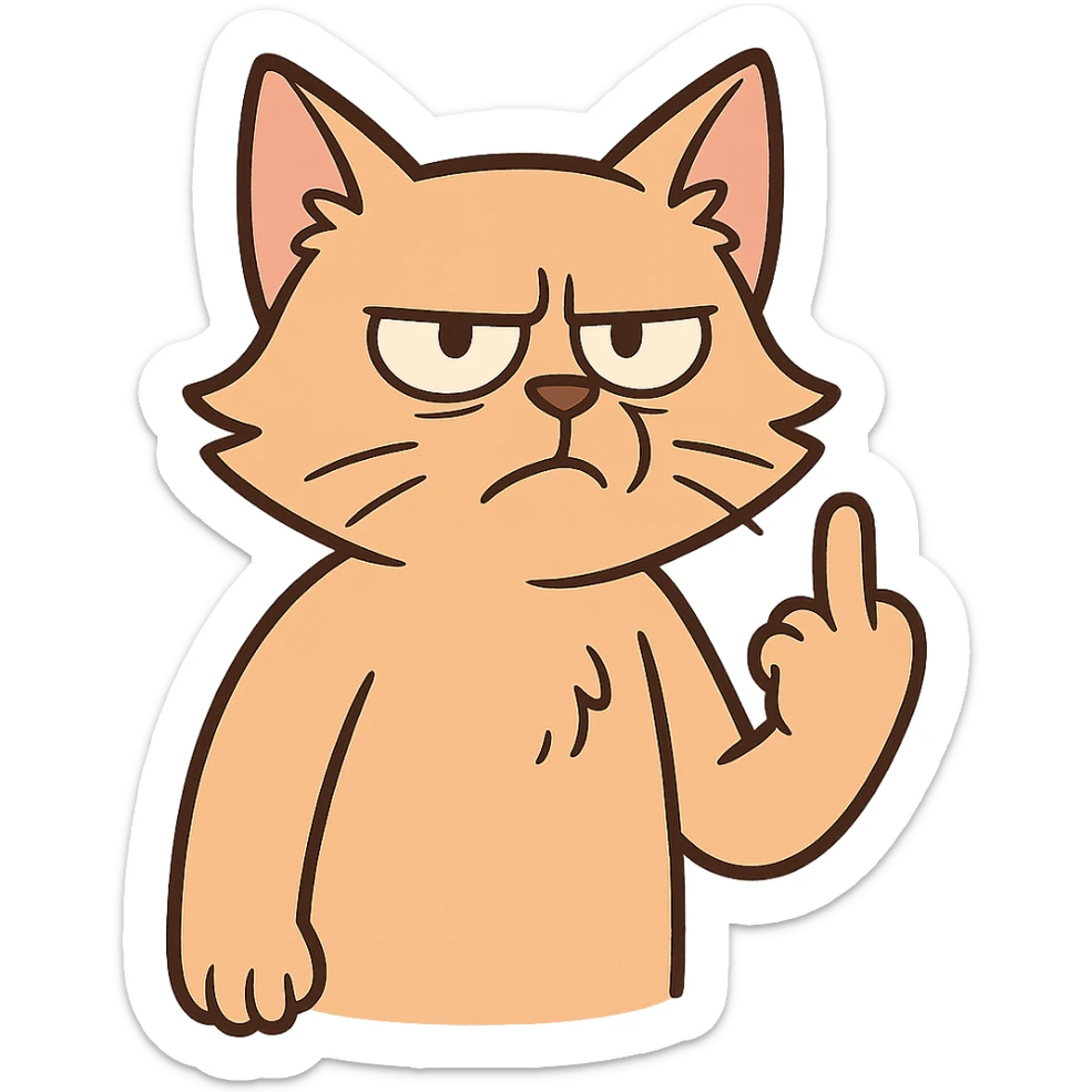 cat showing middle finger, cartoon style, no background sticker