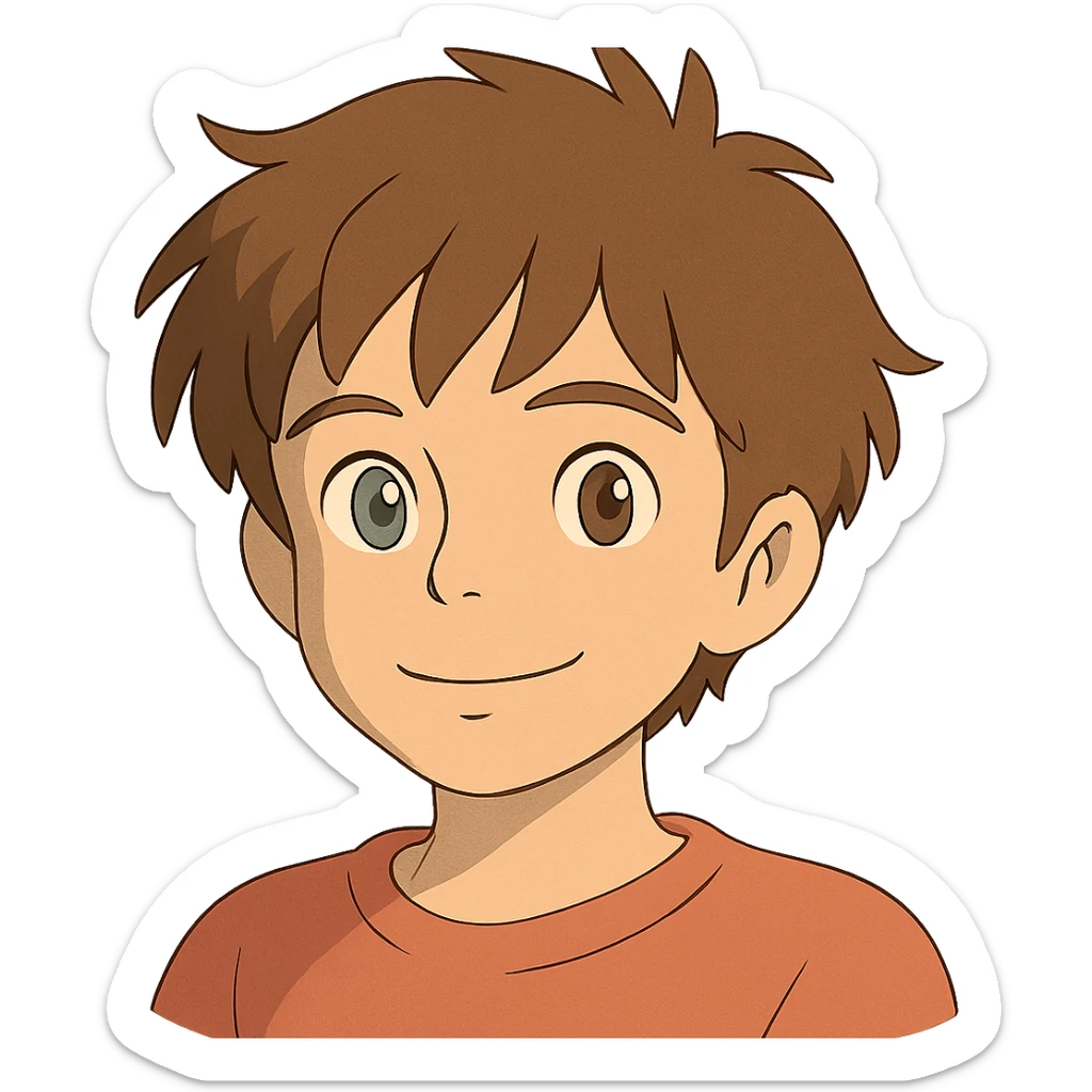 Johnny with brown semi-fluffy hair, one green eye and one brown eye sticker