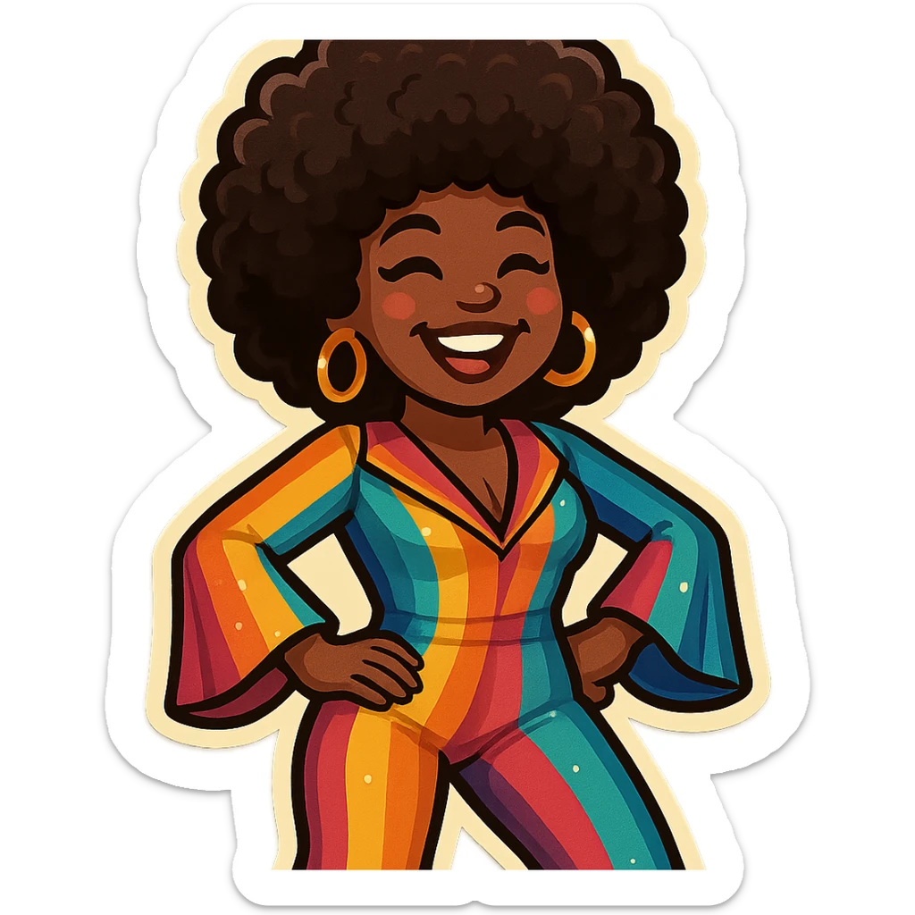 Create an emoji of a female African American in 1970s disco style with a pose with both hands on hips, joyful expression, afro hairstyle, and a colorful disco jumpsuit inspired by the reference. sticker