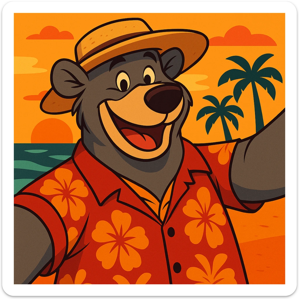 Add a sunhat to Baloo the bear as he takes a selfie with the beach sunset, maintaining the warm and inviting colors and the vibrant flat toon cartoon style. sticker