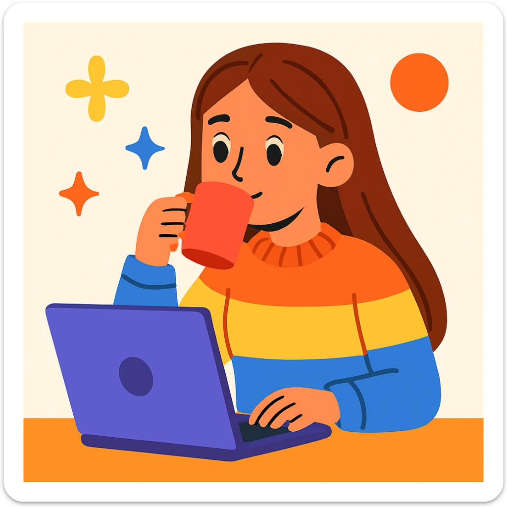 young 20-year-old woman with long straight brown hair, wearing a sweater, drinking coffee and working on a laptop, colorful cartoon style, light background sticker