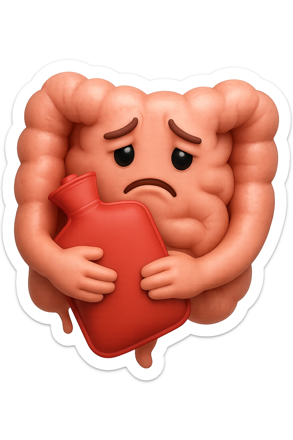 emoji stile iphone di un intestino che si tiene la borsa dell'acqua calda al centro, espressione di tristezza in volto, iperrealistico 4k sticker