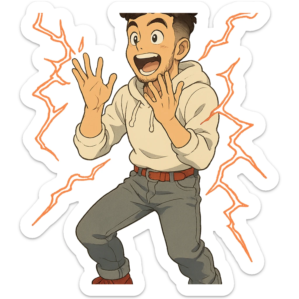 1 male, mid fade haircut dark chestnut brown curly hair, toasted lightskin, white hoodie sleeves up, gray fashion jeans, red fashion-sneakers shoes, red belt, short trimmed beard and goatee,  style of deku from "my hero academia",  doing a "i adore that!" exclaimation pose with red electricity sticker