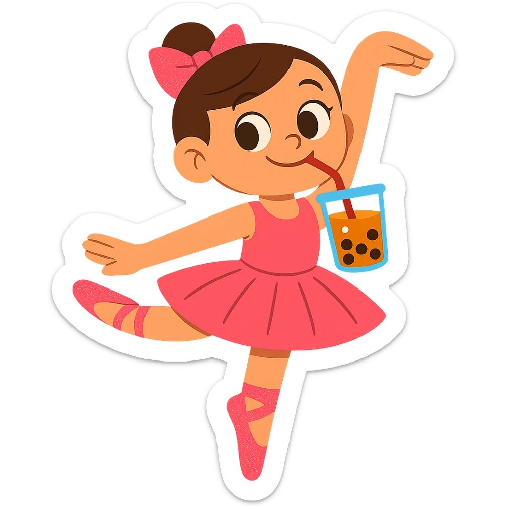 Add pink sparkly pointe shoes to the ballerina, keep the vibrant toon style, with no background. sticker